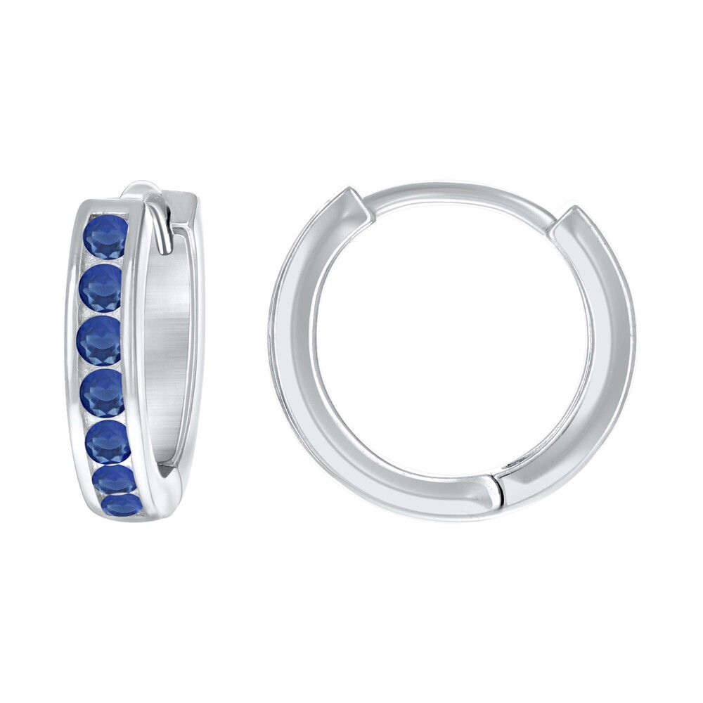 925 Sterling Silver Womens Blue Cubic Zirconia Single Row Huggie Hoop Earrings